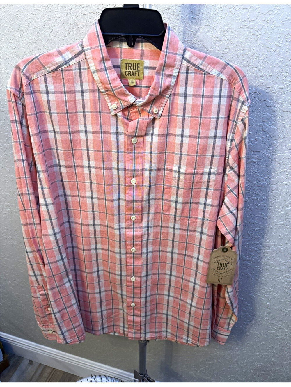 True Craft Button Up Shirt Men XL Regular Long Sleeve Pink White Gray Plaid